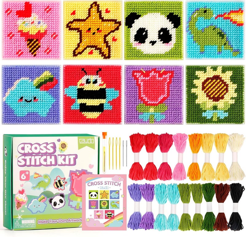 Caydo 8-in-1 Cross Stitch Kit for Beginners Kids, Includes 8 PCS Plastic Canvas with Pre-Patterns, 13 Colors Threads, Instructions, Embroidery Needles for Beginners Sewing - Image 1